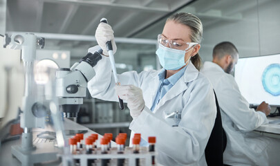 Poster - Lab research, covid science and scientist working on medical blood development for future at work. Chemistry doctor with face mask for security from virus and chemical during biotechnology test