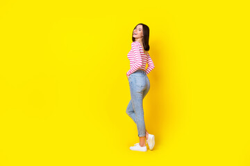 Sticker - Full size photo of gorgeous adorable funky girl bob hairdo wear striped shirt jeans hands in pockets isolated on yellow color background