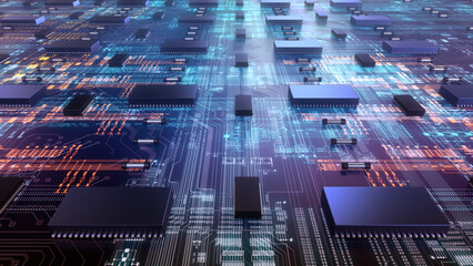 Poster - High Technology CPU on a Complex Circuit Microchip Board Surface. Digital close-up of a high-tech microchip and electronic circuits, symbolizing innovation and modern technology. 3d rendering