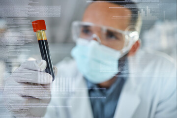 Poster - Blood, science and covid with a man engineer in a laboratory working on DNA research and innovation in a lab. Analytics, medical and development with a scientist at work in a laboratory with overlay