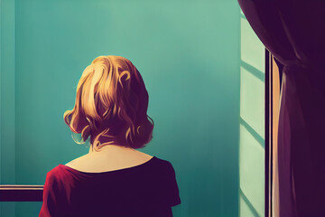 Wall Mural - depression illustration of a lonely woman, starring the wall