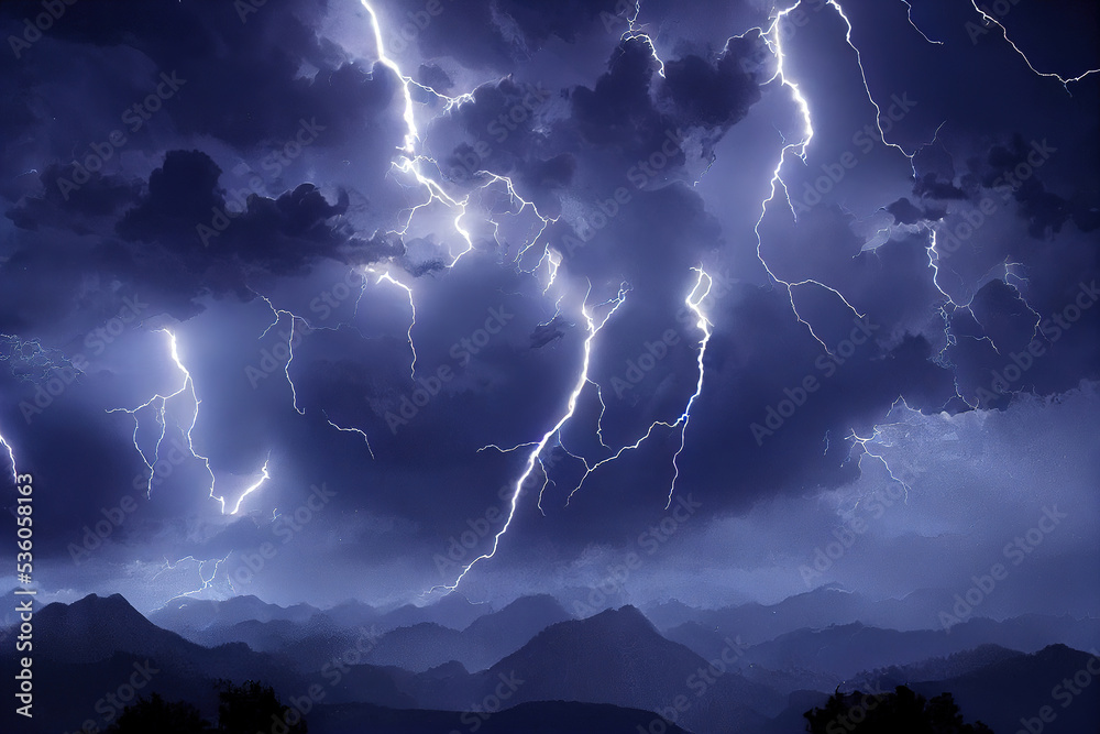 Dark dramatic stormy night sky with lightning bolts. Night mountain ...