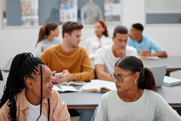 Leinwandbilder - Students, classroom and college for learning, education and development. Women, university and friends together in conversation, study and discussion during lecture while at table in room on campus