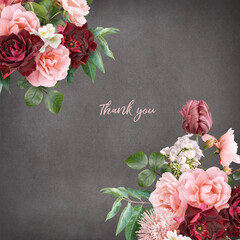 Wall Mural - Floral card with copy space. Pink and red roses and tulips on dark textured grange background. Bouquet of garden flowers.