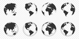 Fototapeta Las - Earth Globe collection. World Map. Earth Map in Globe shape. Earth Globe vector icons. World Map symbols on transparent background. Vector illustration