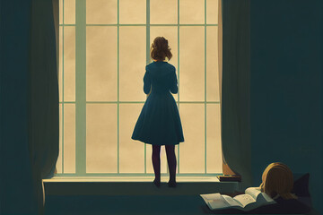Wall Mural - young girl standing in front of a big window, depression illustration