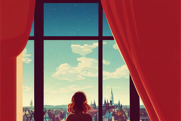 Wall Mural - lonely woman watching out the window, mind about life
