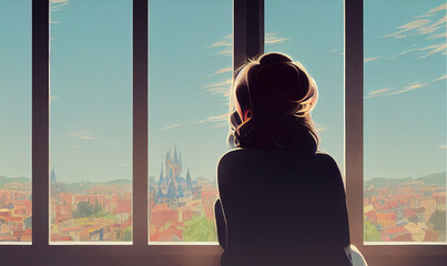 Wall Mural - woman thinking about life and watching out the window, daydreaming