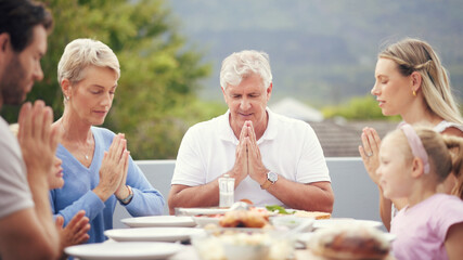 Big family food, praying thanks and prayer for lunch, dinner table and worship, gratitude and respect in Australia. Kids, parents and grandparents trust god, faith and religion before eating together