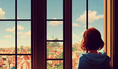 Wall Mural - woman with middle long hair watching out a window to a big city, thinking about life