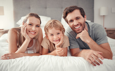 Poster - Love, bed and portrait of relax happy family with smile, happiness and enjoy quality time together in Australia hotel bedroom. Holiday, vacation and bonding for group of people, parents and kid child