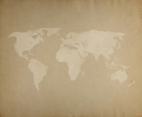 Poster - World map on a weathered and aged paper. High resolution full frame textured paper background. Old looking, vintage world map.