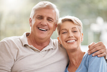 Poster - Portrait, peace and relax for senior couple with smile in retirement, freedom and marriage together in their house. Face of happy elderly man and woman with love and care in a room in their home