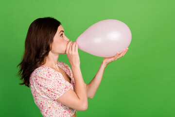 Sticker - Side profile photo of young adorable pretty cute nice lady wear pink summer top blow inflate big air balloon funny face crazy isolated on green color background