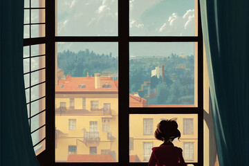 Wall Mural - young little lonely girl watching out a big window