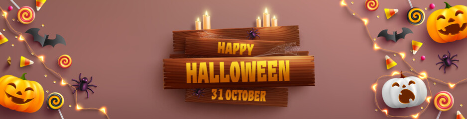 Wall Mural - Halloween banner template with Old wooden board,Halloween Ghost Balloons,Pumpkin.Scary air balloons,bat,candy and Halloween Elements.Website spooky,Background or banner Halloween template