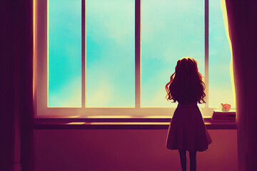 Wall Mural - young girl standing in front of a window, life thinking