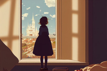 Wall Mural - young lonely girl watching out the window, daydreaming