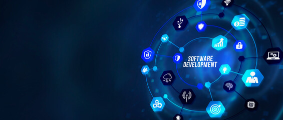 Internet, business, Technology and network concept. Inscription Software Development on the virtual display. 3d illustration.