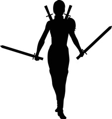 silhouette female warrior holding sword and spear in both hands