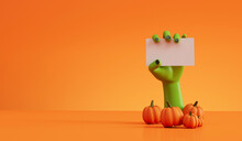 Halloween Green Zombie Hand Holding A Blank Label. 3D Rendering