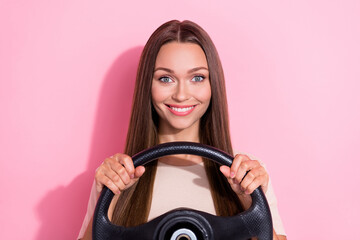 Sticker - Closeup photo of young pretty girlish woman brown hair hold steering wheel driving lessons courses practicing positive isolated on bright pink color background