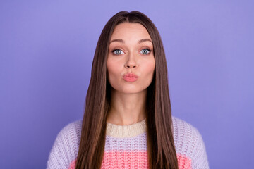 Poster - Photo of adorable nice lovely woman with straight hairdo wear striped pullover send kiss to camera isolated on purple color background