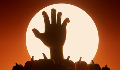 Wall Mural - Silhouette of an undead zombie hand reaching out with a bright moon behind. 3D Rendering