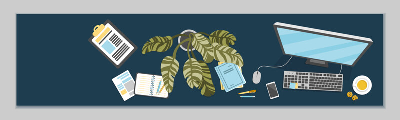 remote work social media banner. freelancer working distant on pc from home linkedin cover, self-emp