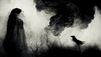 a dark ghostly figure moving through a misty forest in the evening. spooky concept.digital art