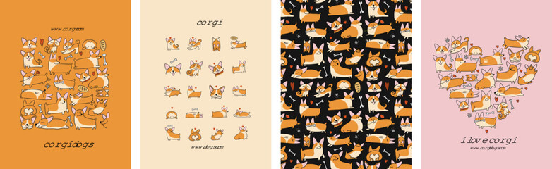 Corgi dogs collection. Frame, pattern, icons, heart shape. Set of hand drawn concept art for your design project - cards, banners, poster, web, print, social media, promotional materials. Vector