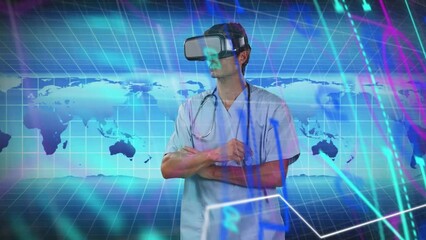 Wall Mural - Animation of caucasian male doctor in vr headset over world map and diverse data