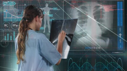 Poster - Animation of caucasian female doctor over digital screen with biological data and connections