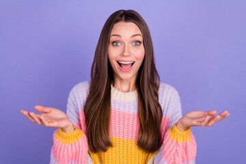 Poster - Photo of cute nice pretty girl with long hairdo dressed knit sweater impressed sale hold palms isolated on violet color background