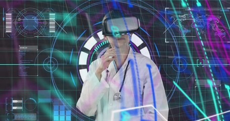 Poster - Animation of caucasian female doctor in vr headset over digital screen with diverse data