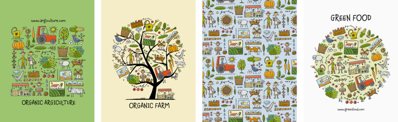 Wall Mural - Organic Farm Background For your Design. Harvest Festival. Agriculture collection. Organic farming eco concept. Fresh products, locally grown and organic food. Farmer's Market. Set of 4 concept art