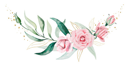 Wall Mural - Bouquet made of pink watercolor flowers and green leaves, wedding and greeting illustration