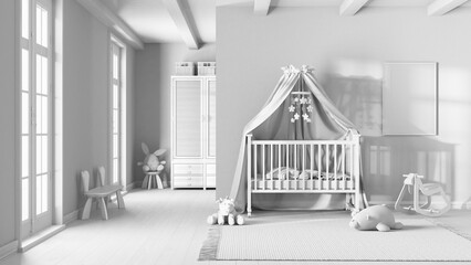 Total white project draft, wooden nursery with frame mockup. Canopy crib, carpet and toys. Vintage interior design