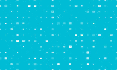 Poster - Seamless background pattern of evenly spaced white email symbols of different sizes and opacity. Vector illustration on cyan background with stars