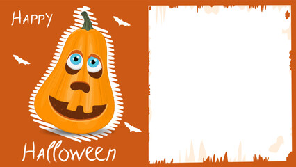 Wall Mural - Halloween pumpkin with old paper banner on orange background. Vector illustration.