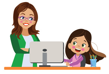 cute girl and mother working with his computer at the table