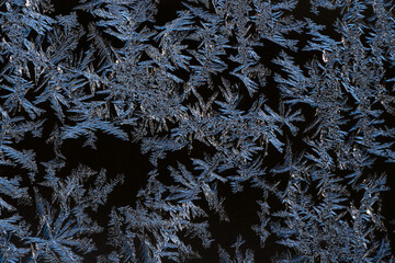 Poster - An abstract photo of a pattern of frost on a piece of glass. The macro is a black and white textured frosty crystal snowflake. The unique patterns of silver ice crystals frosted the clear glass
