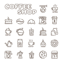 Cafe shop. Set of hand drawn coffee and tea doodles: drinks, desserts, beans and other related objects.