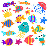 Fototapeta  - Set of cartoon sea animals on white background. Underwater nature aquarium fish vector illustration. Jellyfish, octopuses. Diving, snorkeling. Tropical fish vector illustration. Underwater nature.