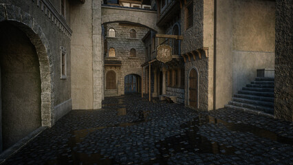 Poster - Cobblestone street with tavern in an old medieval town. 3D rendering.
