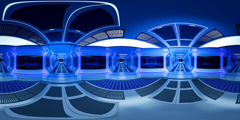 Empty spaceship tunnel with futuristic style, 3d rendering. 360-degree seamless panoramic view