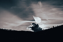 A Dramatic Sky In Black And White. A Black And White Landscape At Sunset. A Black And White Sky With Clouds