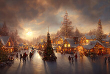 Christmas Village With Snow In Vintage Style. Winter Village Landscape. Christmas Holidays. Christmas Card.  3d Illustration