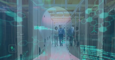Poster - Animation of data processing and digital human head over diverse workers in server room
