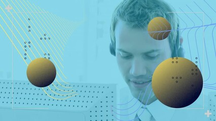 Poster - Animation of shapes over caucasian businessman using phone headset